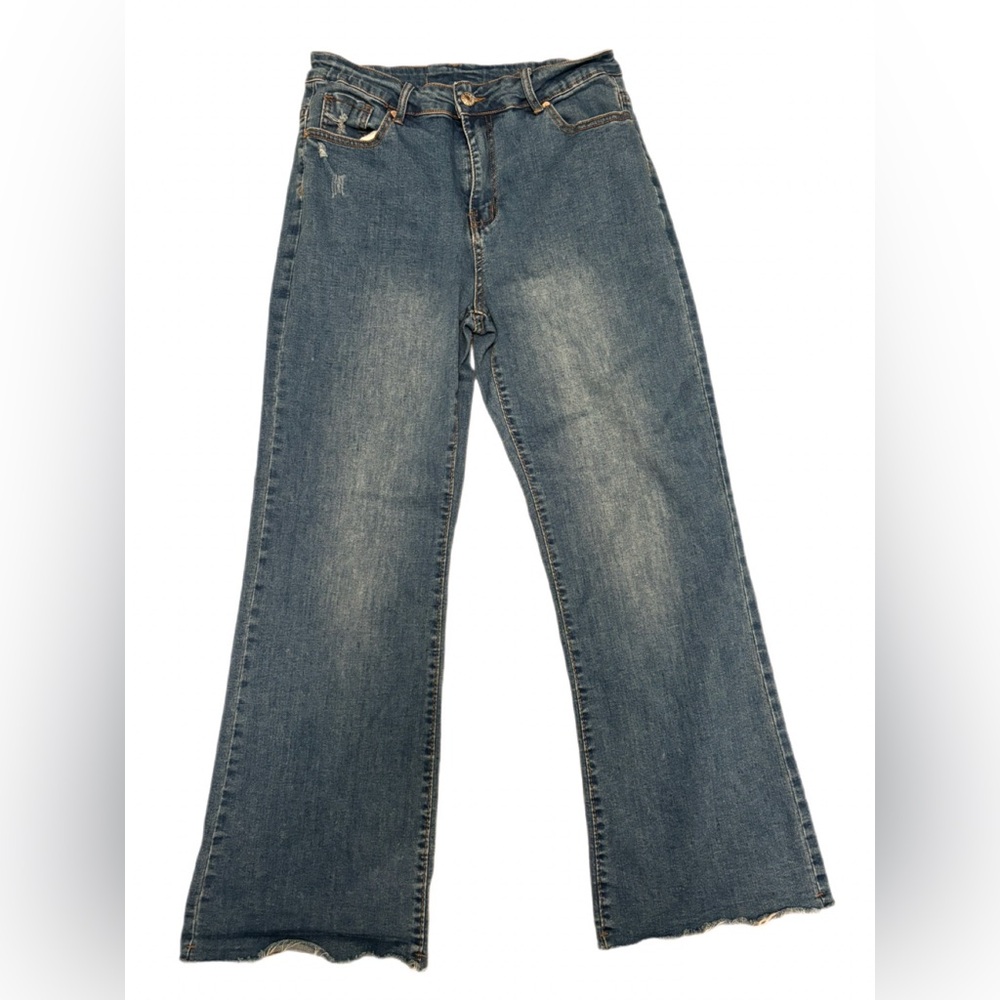 Kunmi Wide Leg Raw Hem Jeans Blue Denim Size 10